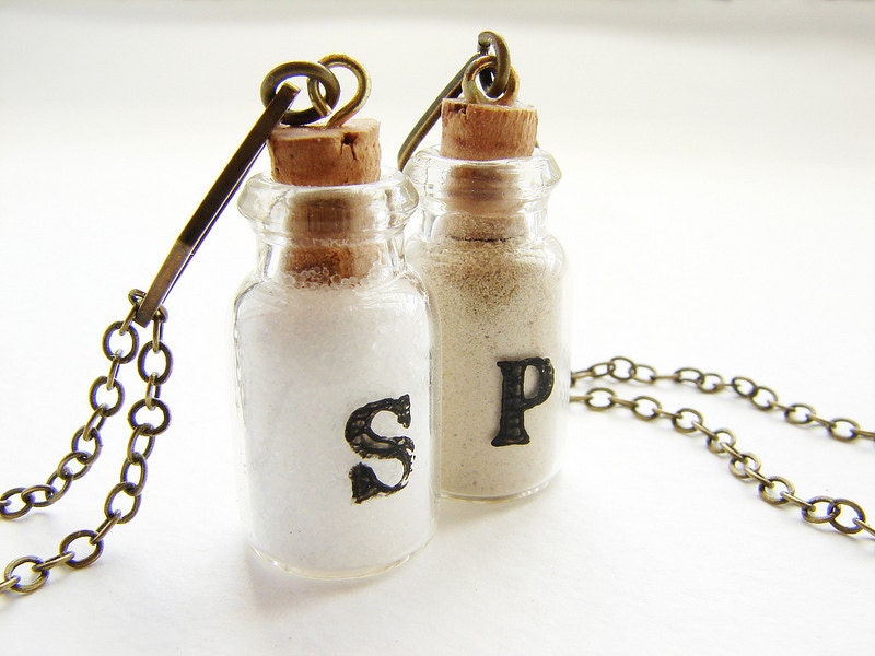 Salt necklace - personalized best friend forever BFF initial necklace foodie condiment spice herb bottle necklace gift for foodie