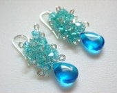 Bright Blue Quartz Wirewrapped Gem Cluster Earrings with Sterling Silver