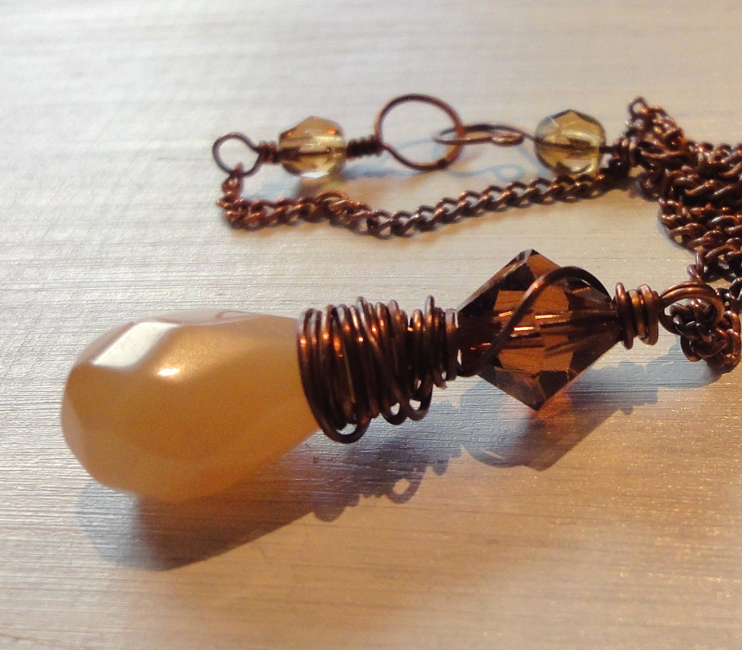 Rustic Peach Moonstone Necklace Brown Crystal Copper Wire Wrapped Pendant Long Necklace Pink Gemstone Necklace Fall Fashion Jewelry