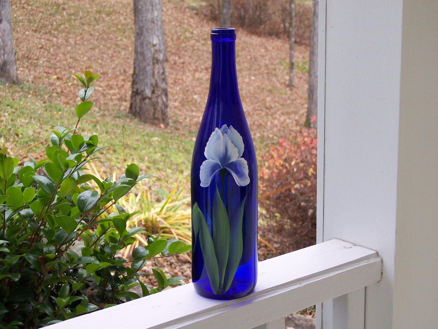 Hand Painted Cobalt Blue Glass Bottle with Blue Iris
