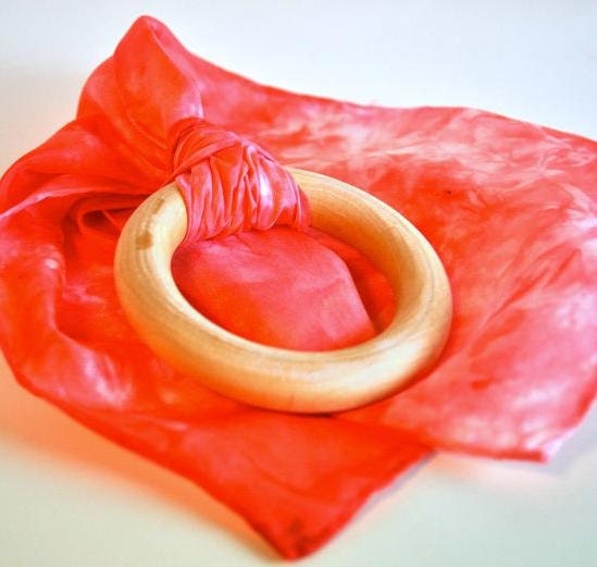 Teething Ring, Custom Dyed Silk / Baby Natural Toy - Waldorf Toy