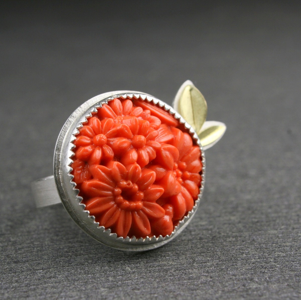 Sterling silver and 18k gold ring with orange vintage pressed glass cabochon