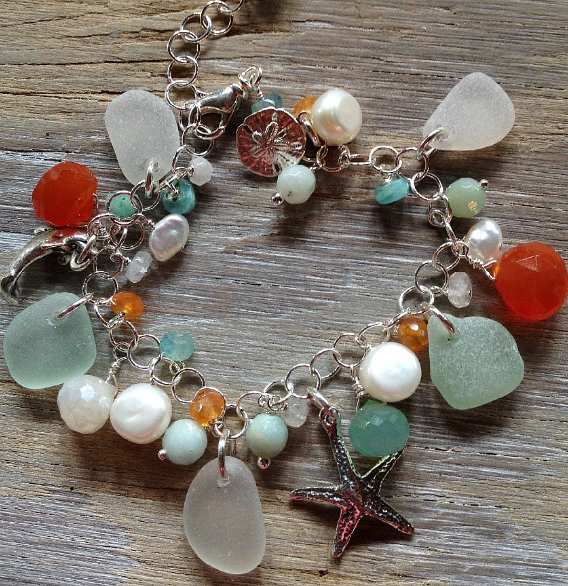 Sea Glass Charm Bracelet with Sterling Silver Starfish, Sand Dollar and Dolphin Charms and Semi Precious Stones