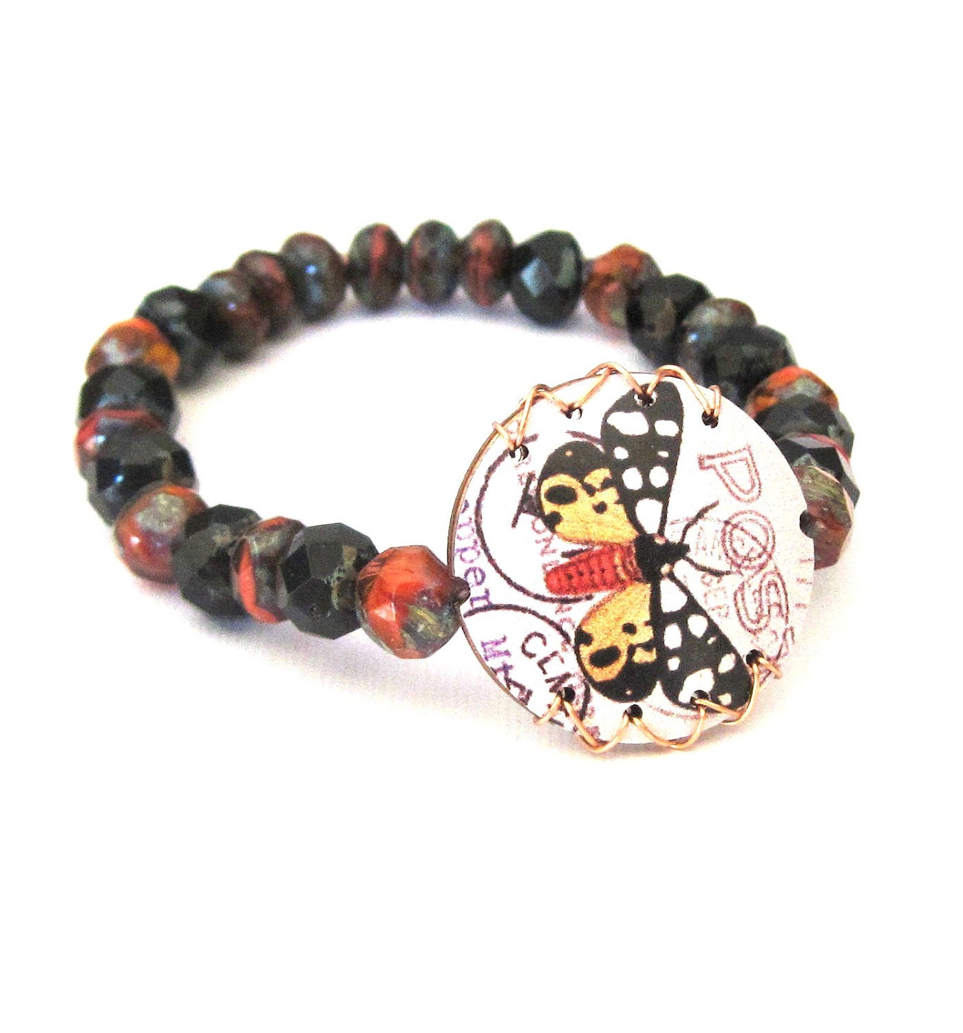Butterfly Postage Stamp and Czech Glass Bead Stretch Stack Reversible Bracelet orange and black