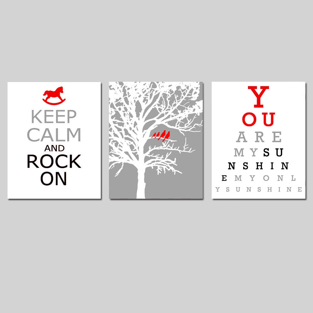 Modern Nursery Trio - Set of Three 11x14 Prints - You Are My Sunshine Eye Chart, Birds in a Tree, Keep Calm and Rock On - Choose Your Colors