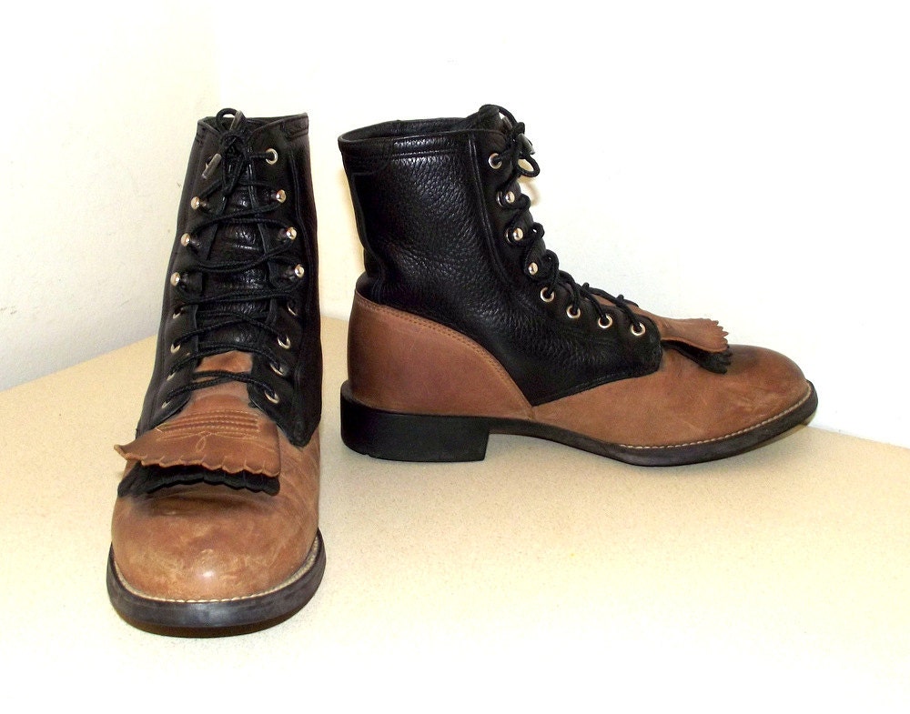 Two tone Black and brown leather lace up cowboy boots with removable fringe size 7.5 B