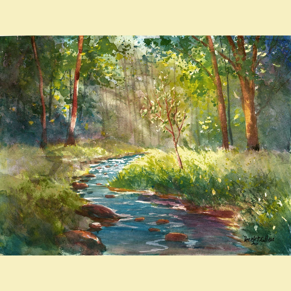 watercolor landscape painting PRINT creek and tree by derekcollins