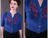 Vintage 1950s Sweater - Blue Wool Cardigan Sweater with Beading and Applique
