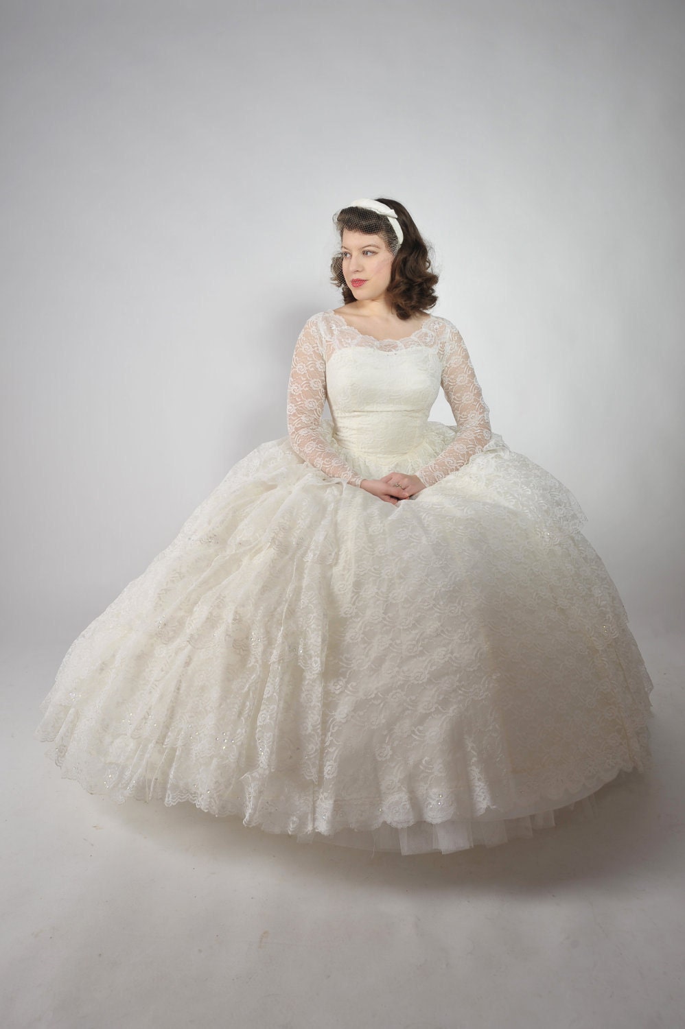 Vintage 1950s Wedding Dress // Classic 1950s Full Skirt Tiered Lace Wedding Gown with Sequins