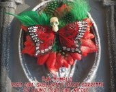 Dead Girl Decay - Bah Humbug - Day of the Dead Christmas - Red Green White and Black Skullerfly Flower and Feather Hair Barrette