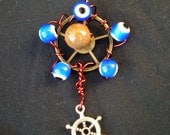 Wire Wrapped STEAMPUNK PENDANT - Blessed Helm with Evil Eye Beads, Jasper, Cog, Copper, etc - Dress Up - Gift - Fashion - Fun