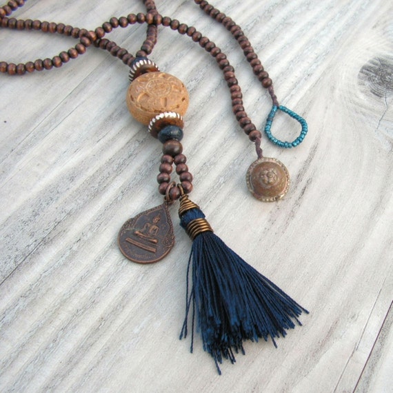 Mala Tassel Necklace In Dark Brown Wood With Navy Tassel And