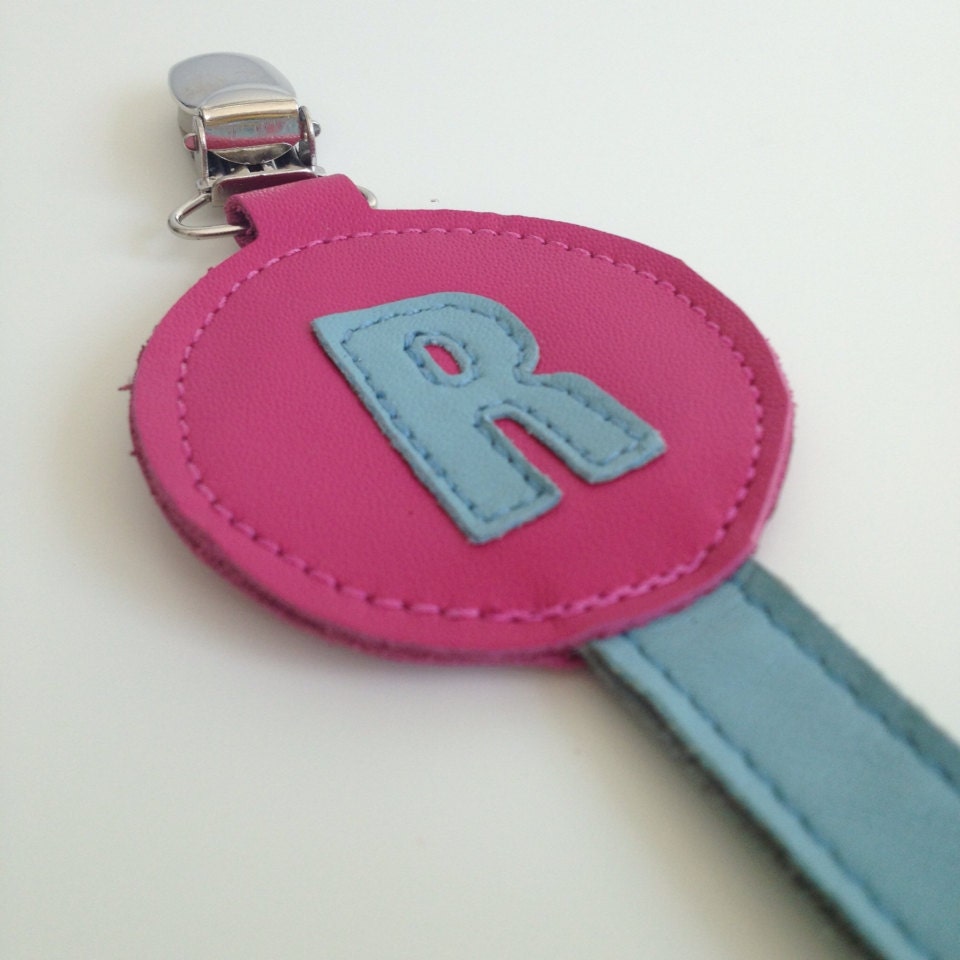 Personalized Leather Custom Soother Clip / Pacifier Holder with Baby's Initial Monogrammed - choose your colors and letter, made to order