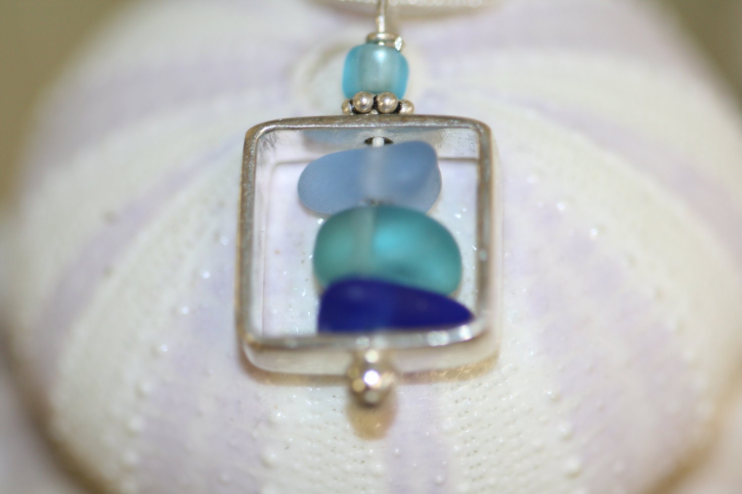 cosmopolitan collection square sea glass beach glass pendant in sterling silver No2 cobalt aqua cornflower sea glass