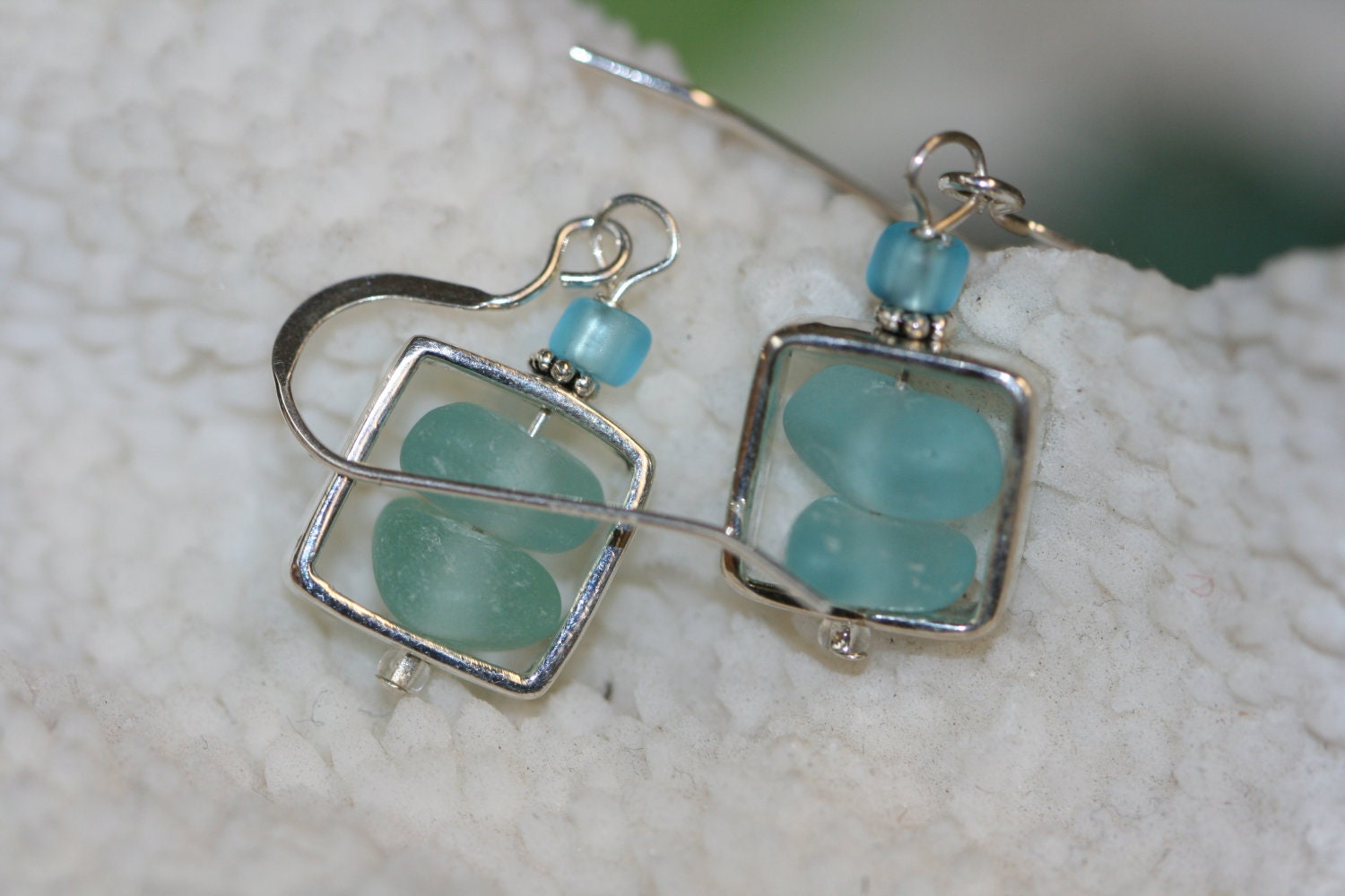 cornflower and aqua genuine sea glass square sterling silver dangling earrings