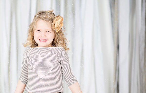 Cream striped shirt with vertical striped bow and cream neckline, whimsical girl's clothing sizes 12mos - 9/10