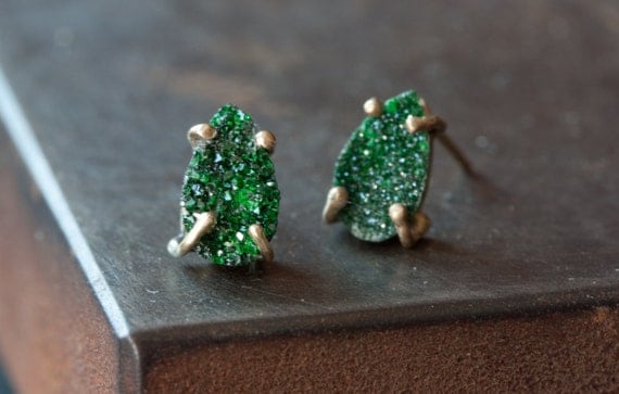 Green Uvarovite Garnet Stud Earrings-druzy- studs- posts- prong setting- natural