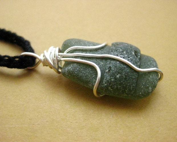Irish Sea Glass Pendant. Olive Green Beach Glass Pendant. Optional Chain. Tidal Wave