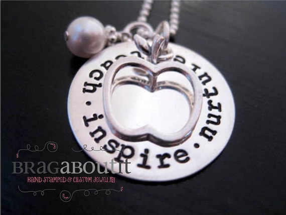 Hand Stamped Necklace - Personalized Teacher Jewelry - Sterling Silver Teacher Necklace - Teach Inspire Nurture