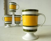 4 Mid Century Mugs Pedestal Footed with Stripes Japan
