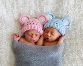Adorable Crocheted Hat with Ears for Boy and Girl,  Size 0-3 months, Light Pink, Light Blue, MADE TO ORDER