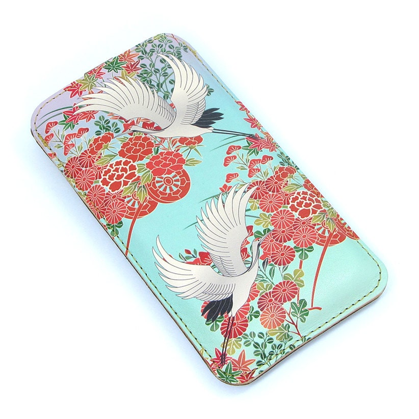 Leather iPhone 5 / new iTouch Case - Oriental Flowers and Flying Cranes
