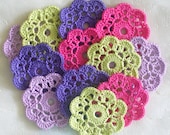 12 Crochet Mini Doilies - hot pink, wasabi green, wood violet, purple appliques
