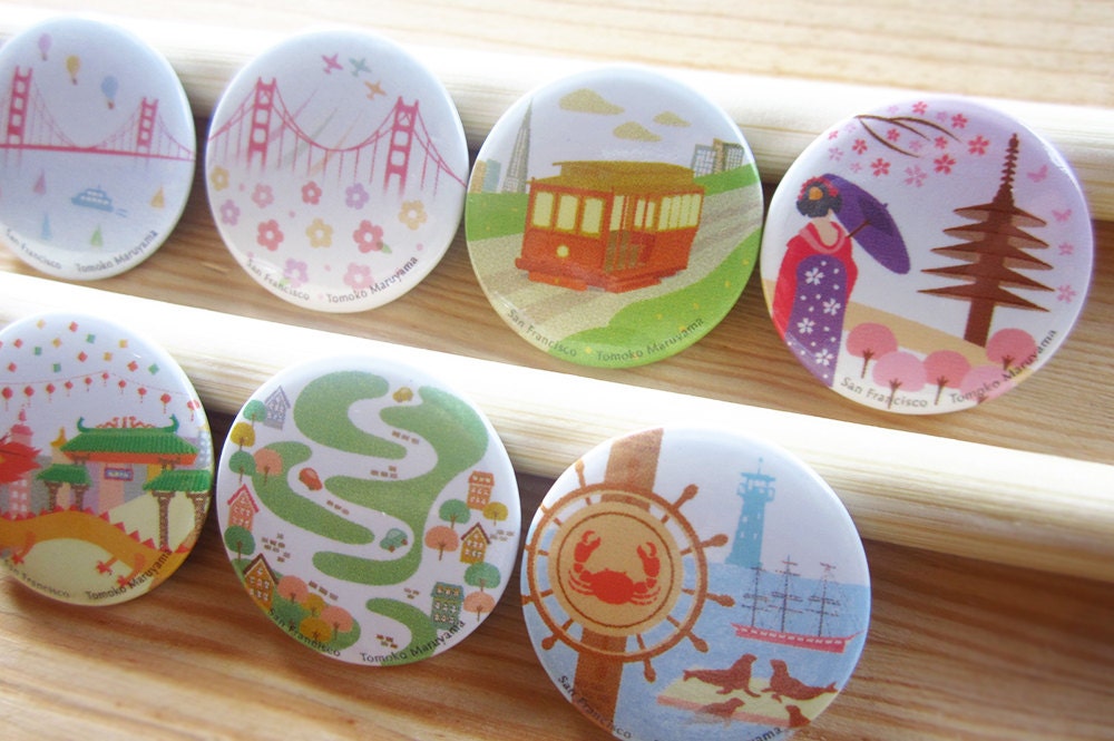 San Francisco Pin Buttons Set of 4 - California, Gift, Golden Gate Bridge