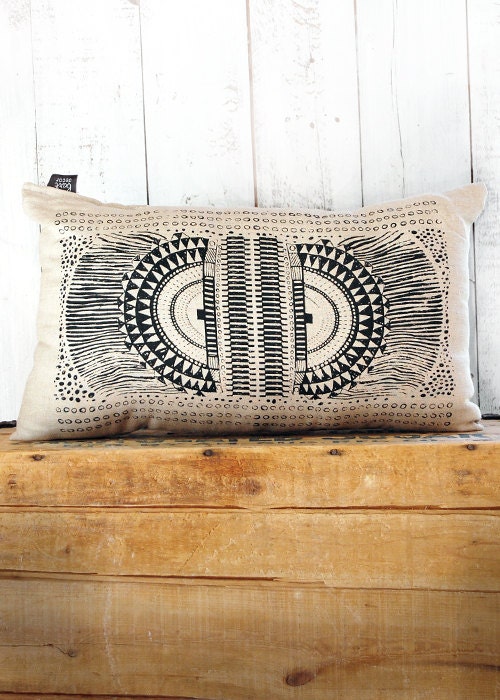 Okapi -  Black and Linen Hand Printed Native Tribal African Print Pillow - by Bark Decor - barkdecor
