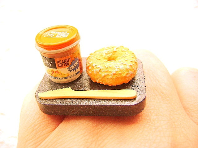 Food Ring   Miniature Food Jewelry Peanut Butter Bagel