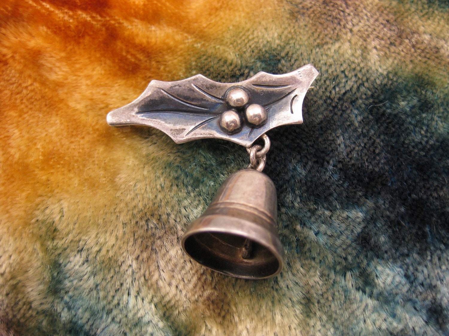 Brooch - Pin - Sterling Silver - Taxco - Holly Leaf - Silver Bell - Christmas Plant - Holiday Jewelry - Berries - Nice Patina - Signed DG