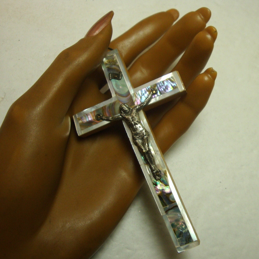 Stunning Abalone and Mother of Pearl Crucifix Cross Pendant or Wall, 1980s Jerusalem Wood, with Corpus Christi..Hang it or Wear it