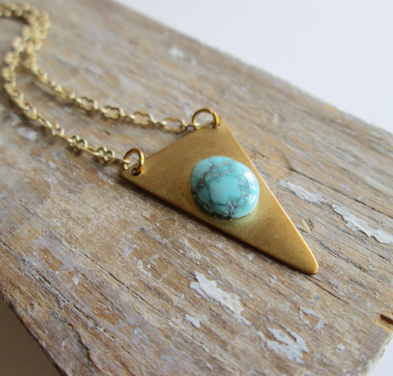 Turquoise And Brass Triangle Necklace. Simple. Boho. Geometric. Brass.