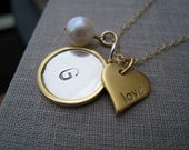 Personalized Love necklace, gold rim disc, initial heart necklace-lovers, marriage, weddings, bridal jewelry