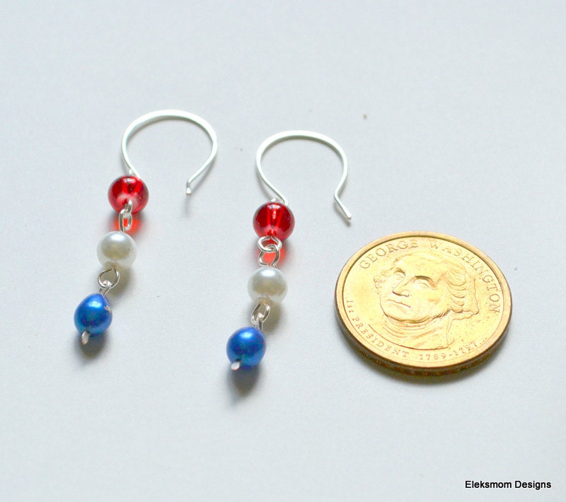 Red white and blue earrings with pearls and Czech beads.