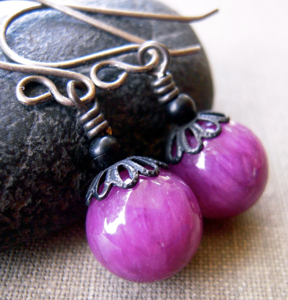 Purple Jade with Black Metal, Oxidized Sterling, Earrings, Dangle