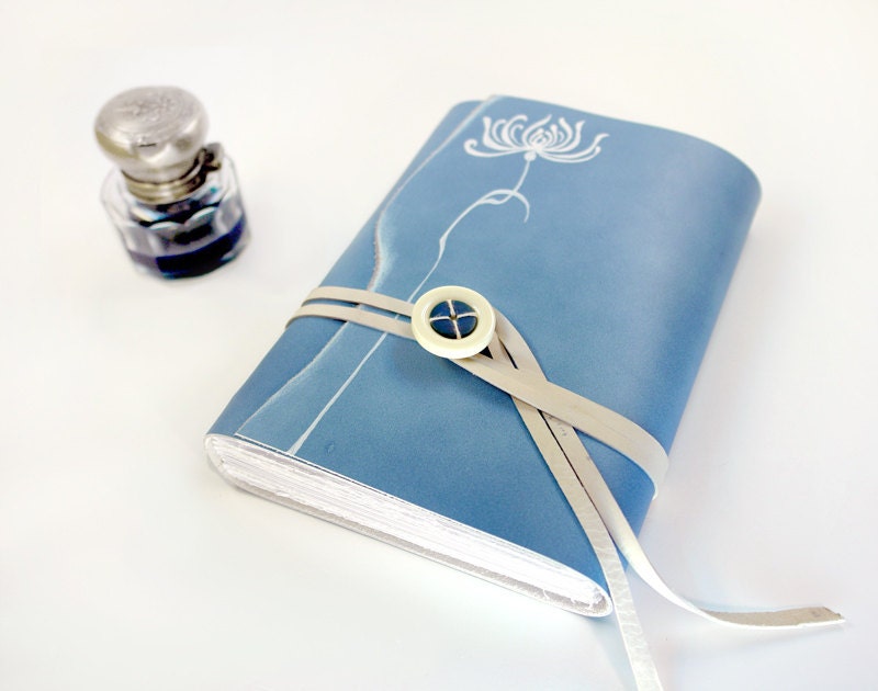 Light Blue Leather Journal / Diary / Notebook - White Flower