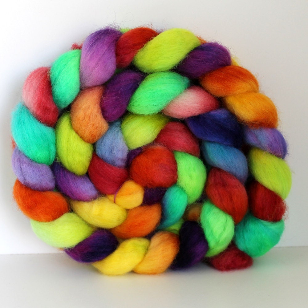 Rainbow Brite- BFL Wool - Handpainted - Hand Dyed Roving 4 oz