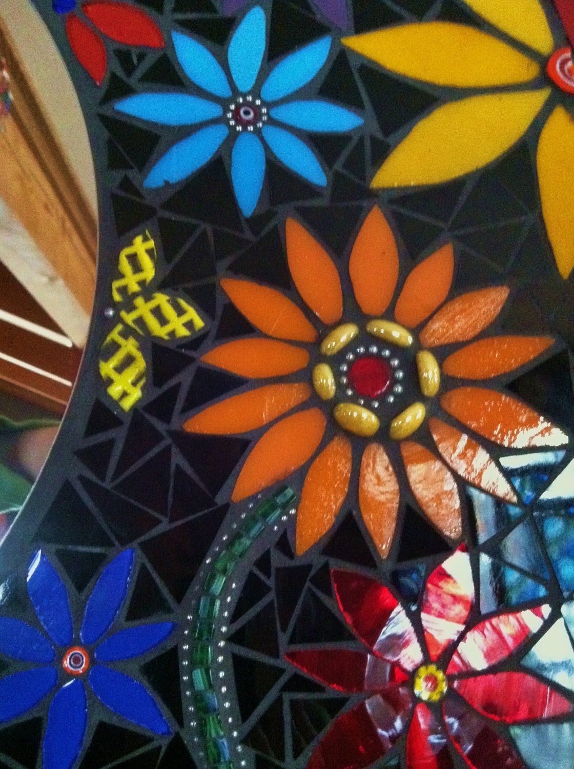 Striking Large Round Stained Glass Mosaic Mirror Bold Colored Flowers with Black Background
