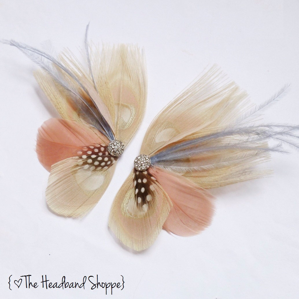 Ready to Ship - Peacock Shoe Clips - ASPEN - Blush Pink Ivory and Grey Peacock Feather Shoe Clips