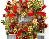 Deco Mesh Christmas Wreath Slim Screen Door Lime Green Red Stripe Holiday Decor