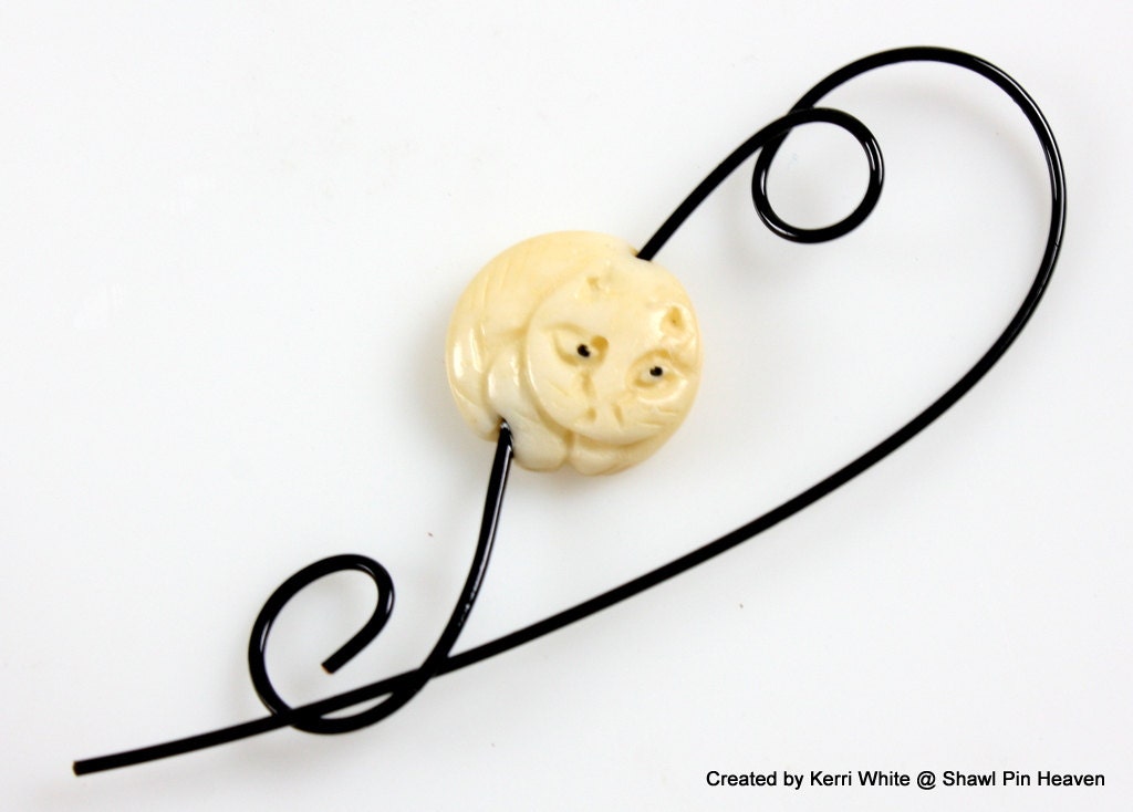 Shawl Pin, Scarf Pin, Brooch - Curled Cat