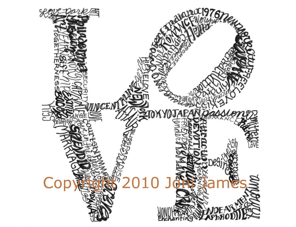 Philadelphia's Robert Indiana Love Word Art Typography Illustration, Hand Drawn Valentine Calligraphy Calligram, Unique Art Print