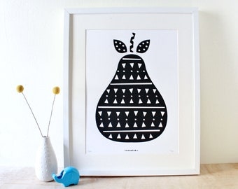 Pear Art, Scandinavian Print, Screenprint, Geometric, Black