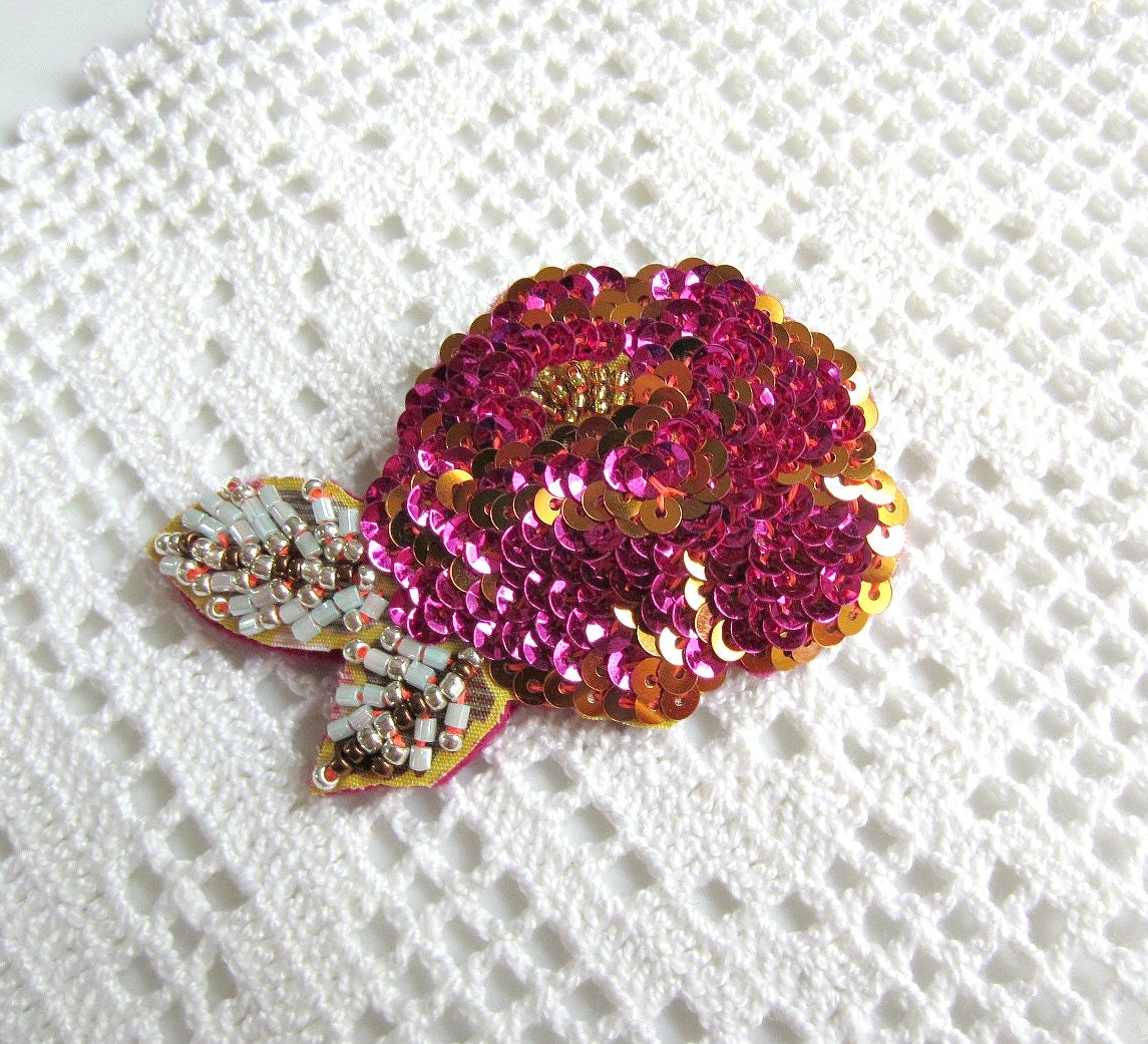 MADE TO ORDER: Sparkly pink, orange, aqua, silver, brown sequins hand-embroidered flower brooch, small size