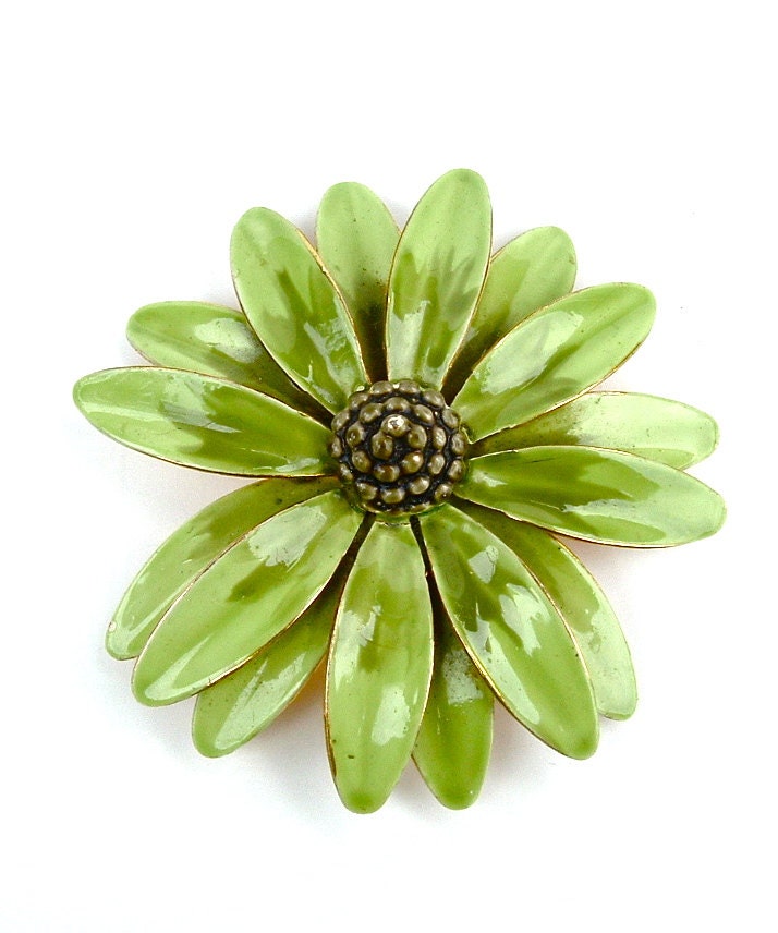 Designer Vintage Chartreuse Green Enamel Flower Brooch Signed Sandor Jewelry