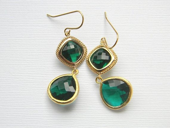 Gold Bridesmaid Earrings - Emerald Green Earrings - Gold Earrings - Bohemian Earrings - Gift for Her - Boho Chic Earrings
