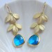 Gold Bridesmaid Earrings - Gold Double Leaf with Capri Blue Earrings - Bohemian Earrings - Gift - Boho Chic