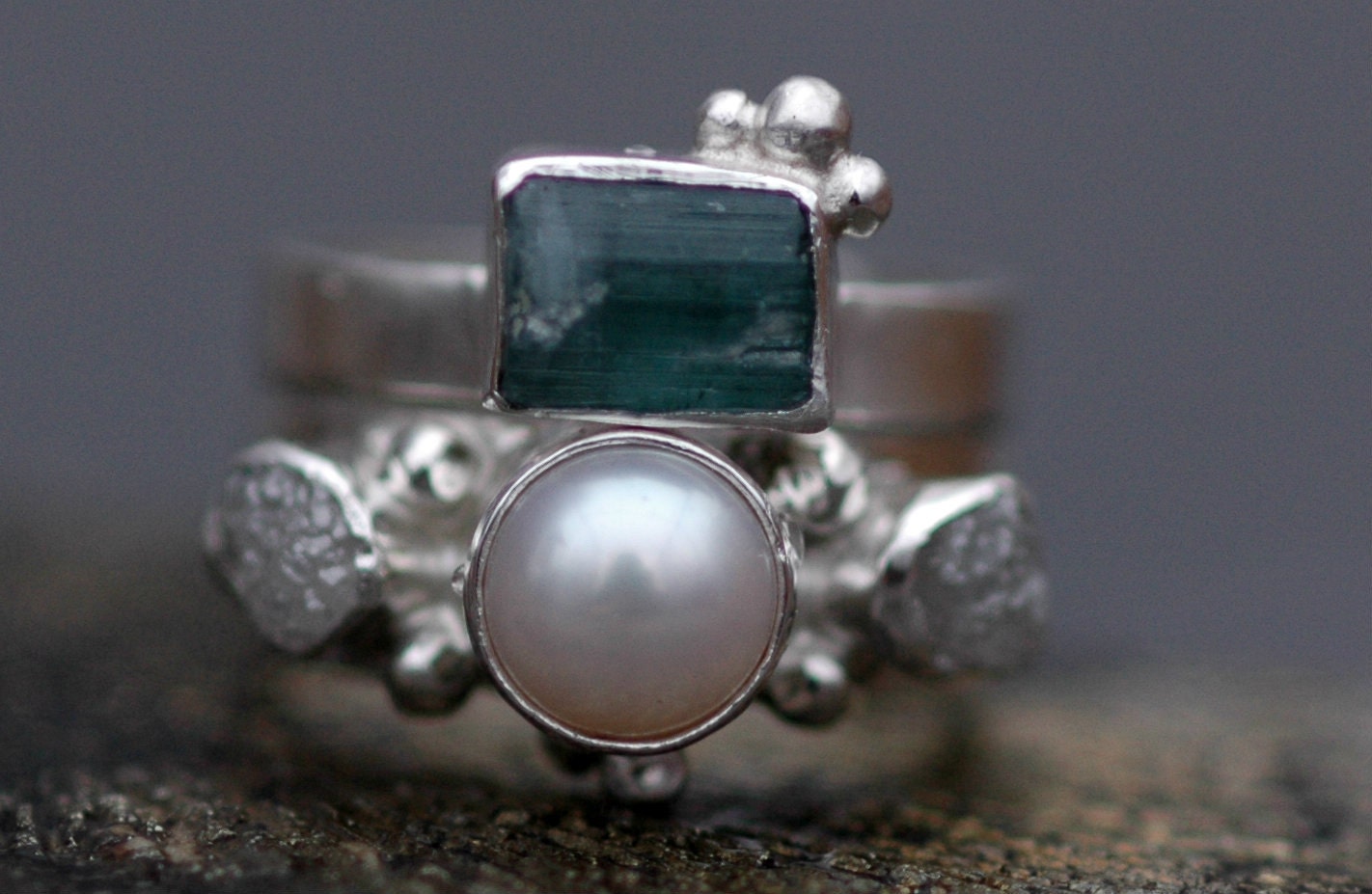 Rough Diamond and Pearl Engagement Band and Wedding Stacking  Ring with Rough Specimen Set- Custom Made Custom Colour