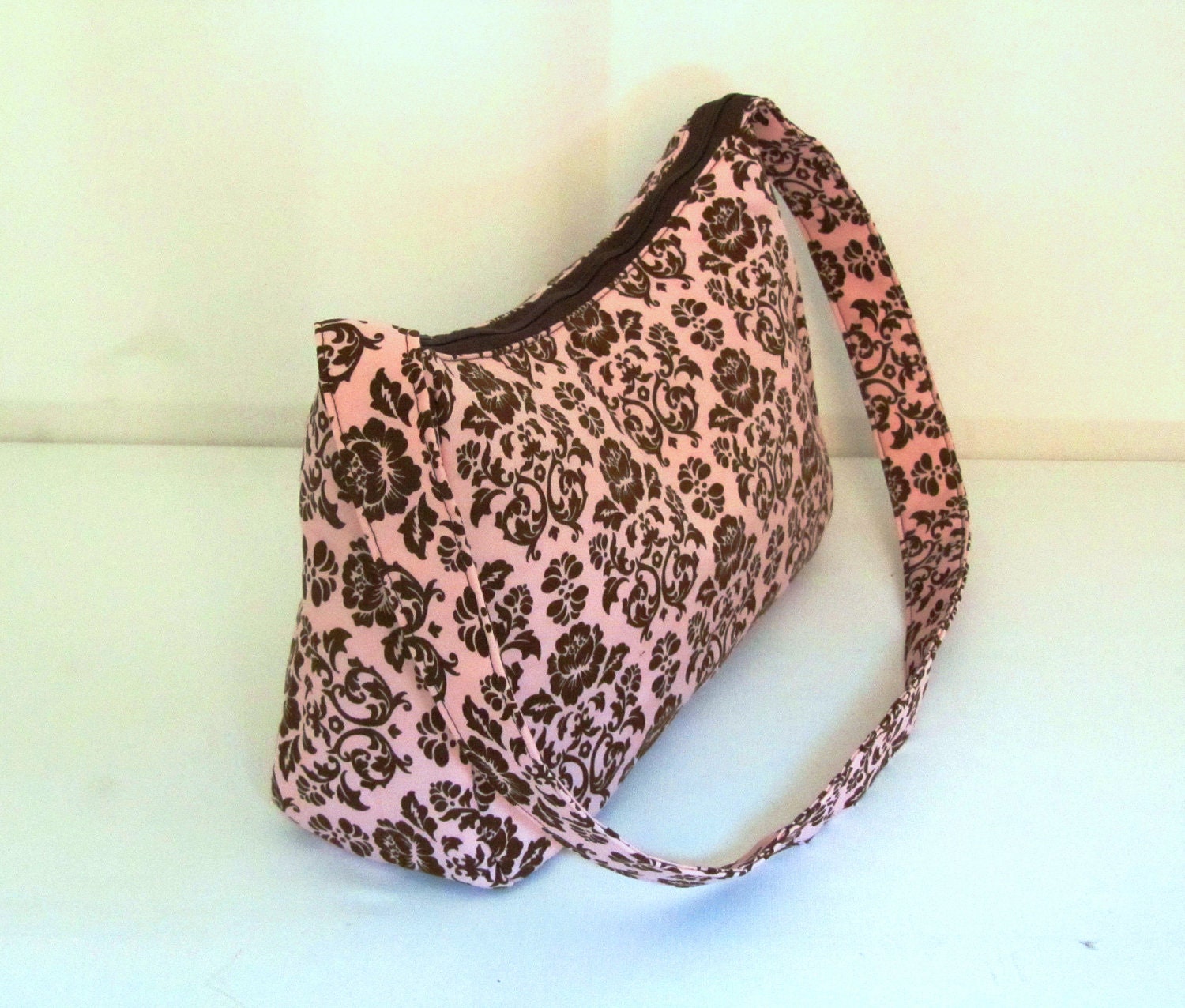 Damask Handbag Shoulder Bag Pocketbook with zipper closure pink and brown fabric